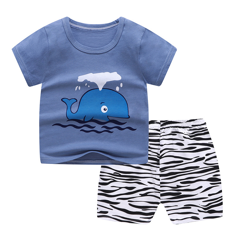 2pcs Kids Cotton Home Wear Suit Summer Short Sleeves Fashion Printing T-shirt Shorts Two-piece Set Whale 80cm