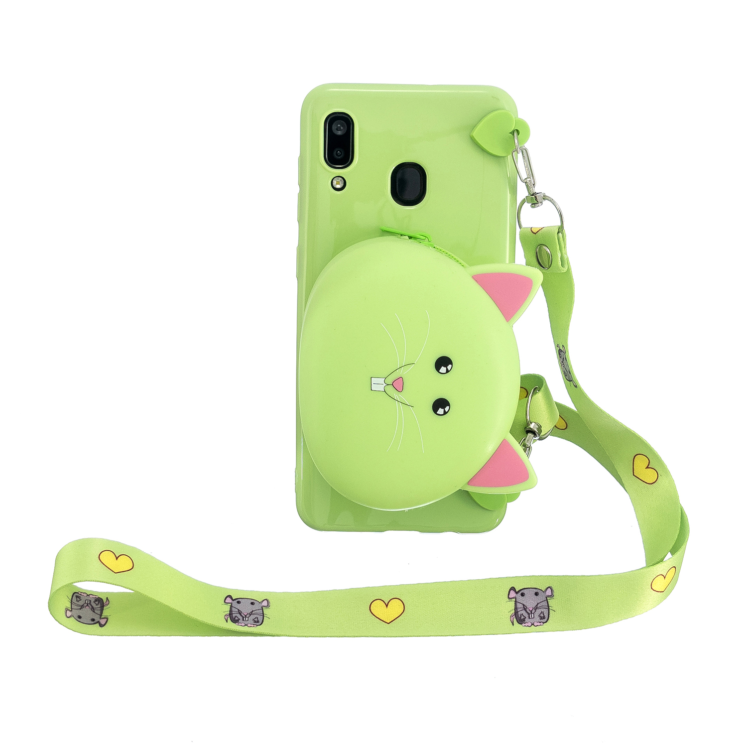 For Samsung A10/A20/A30 Case Mobile Phone Shell Shockproof TPU Cellphone Cover with Cartoon Cat Pig Panda Coin Purse Lovely Shoulder Starp  Green