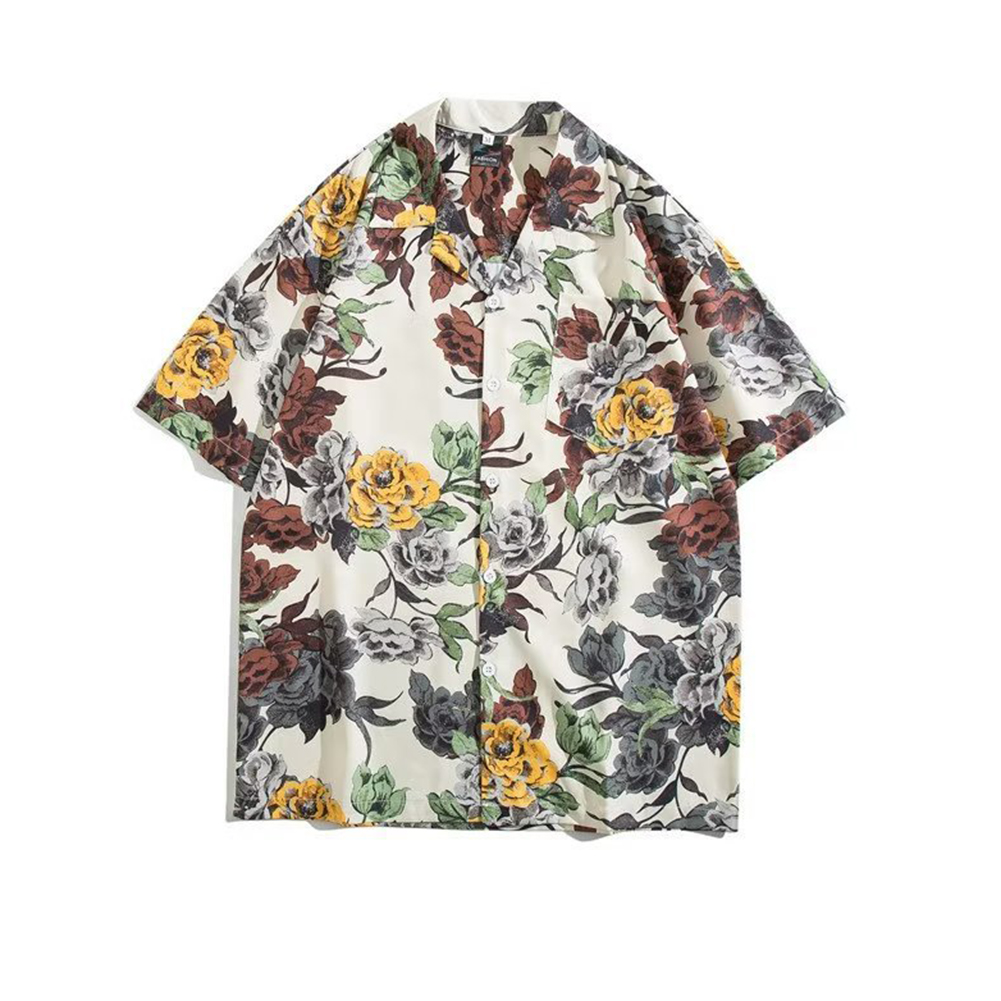 Men Japanese Floral Shirt Trendy Short Sleeves Loose Hawaiian Retro Cardigan Tops For Couple 1326# Apricot L