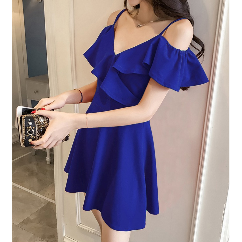 Women Summer V-neck Dress Sexy Off Shoulder High Waist Dress Simple Solid Color Short Sleeves A-line Skirt Royal blue 2XL