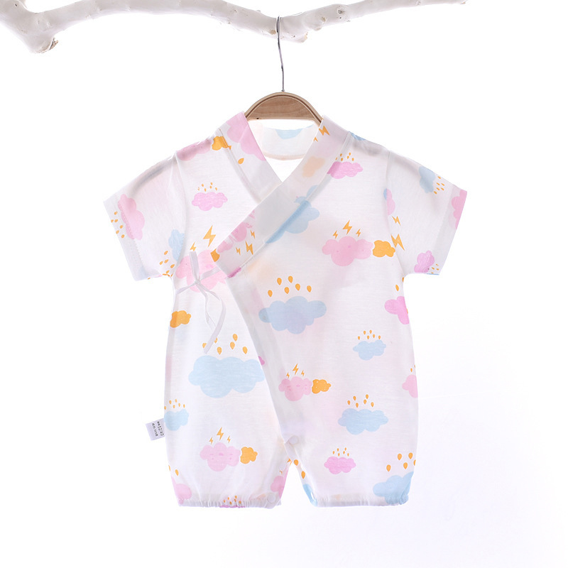 Boys Girls Short Sleeves Romper Summer Cotton Slanted Lace-up Breathable Jumpsuit For 0-3 Years Old Kids clouds 0-3M 52cm