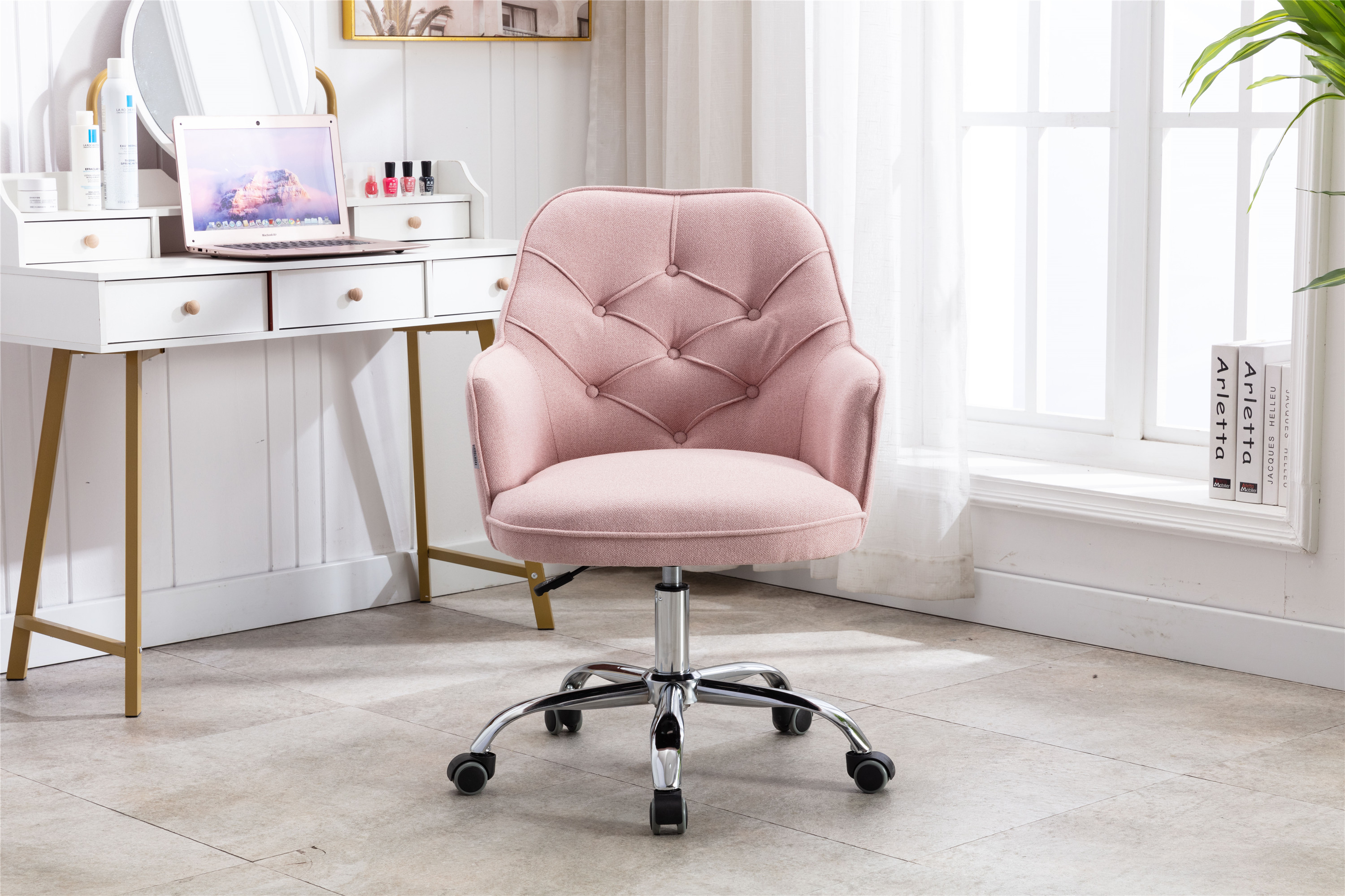 [US Direct] COOLMORE Linen Swivel Shell Chair for Living Room, Modern Leisure Arm Chair ,Office chair  Pink  Linen
