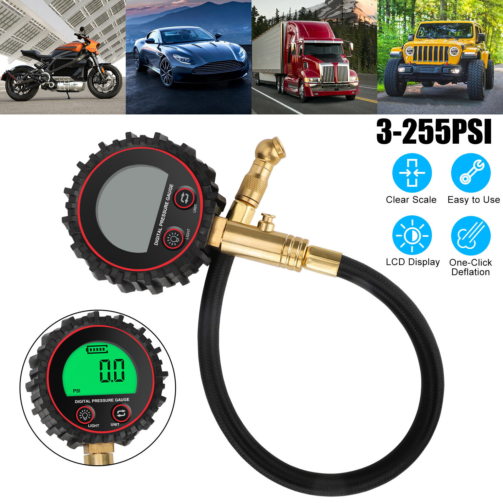 Digital Tire Pressure Gauge 255PSI Professional Accuracy LCD Display Air Pressure Gauge For Trucks Cars RVs black