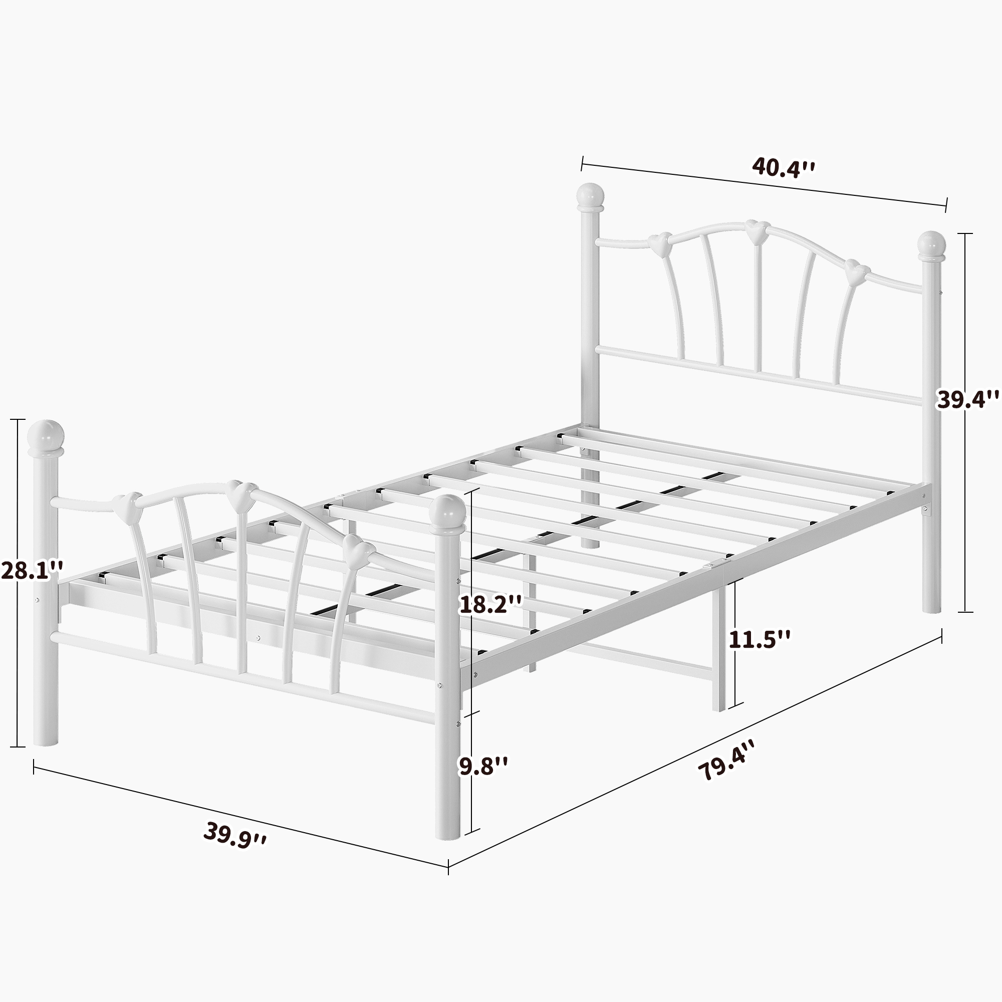 US GARVEE White Twin Metal Bed Frame with Heart Shaped Headboard and Footboard Solid Metal Platform Mattress Foundation Noise-Free Heavy Duty Bed Slats Support No Box Spring Needed, Easy Assembly