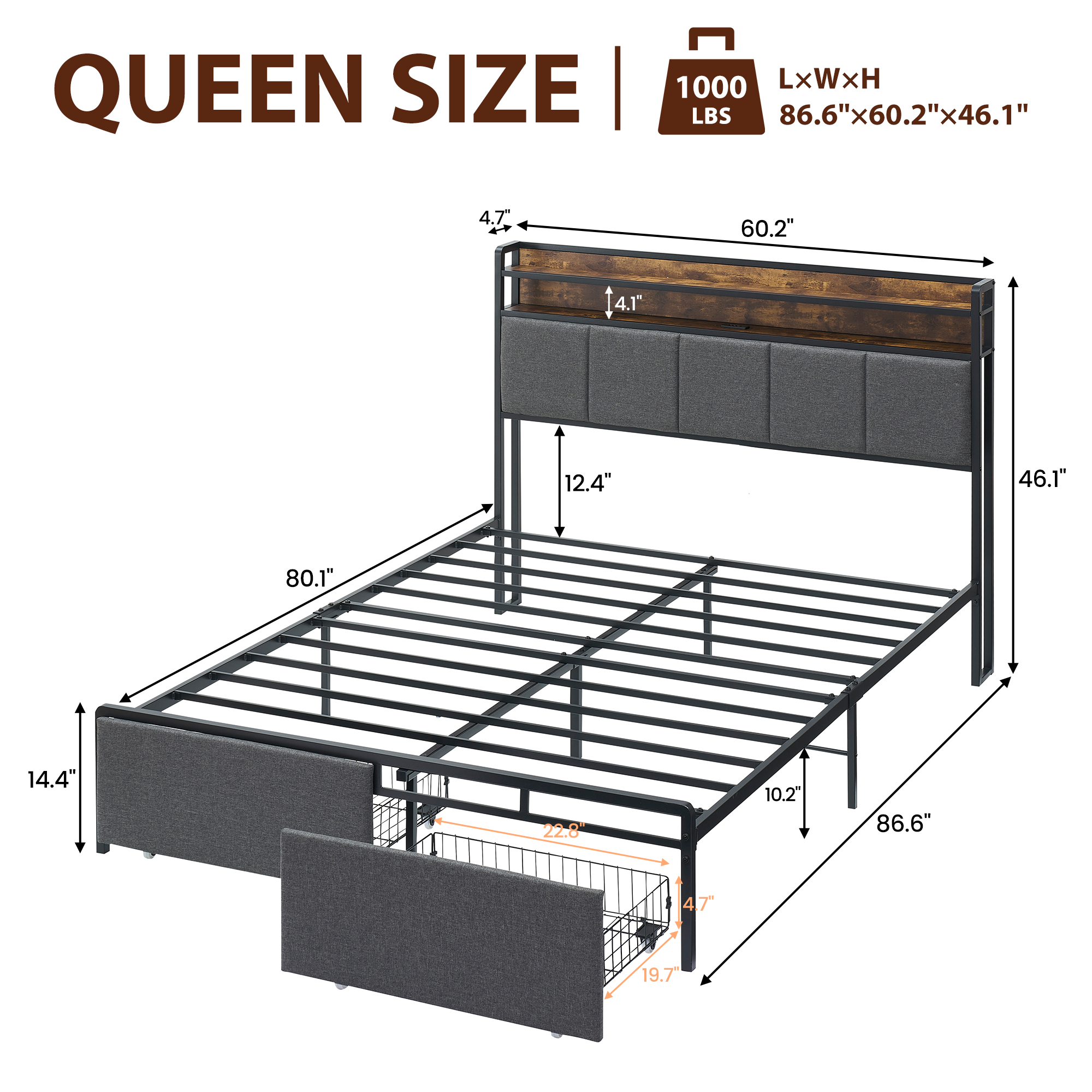 US GARVEE Queen Bed Frame with 2-Tier Storage Headboard, Upholstered Platform Bed Frame with 2 Storage Drawers, Built in Charging Station & LED, Noise-Free/Metal Support/No Box Spring Needed, Brown