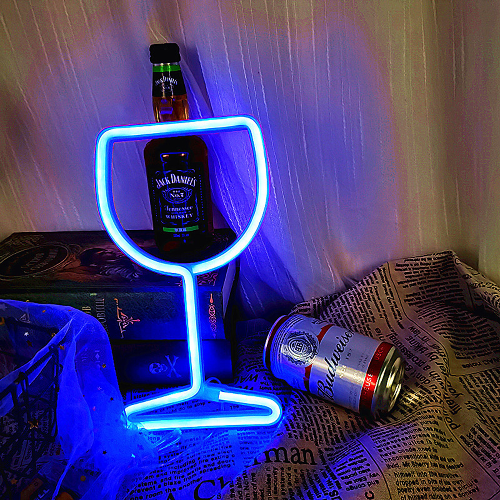 Wine Glass Neon Signs, USB Or Battery Powered LED Goblet Neon Light, KTV Bar Festival Atmosphere Lamp, Bedroom Wall Decoration, Wedding Supplies Birthday Gifts blue