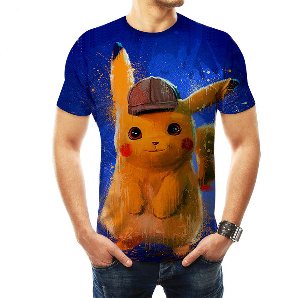 Men Women Pokemon's Detective Pikachu Cosplay 3D Movie Cartoon Printing Short Sleeve T-Shirt D_XL