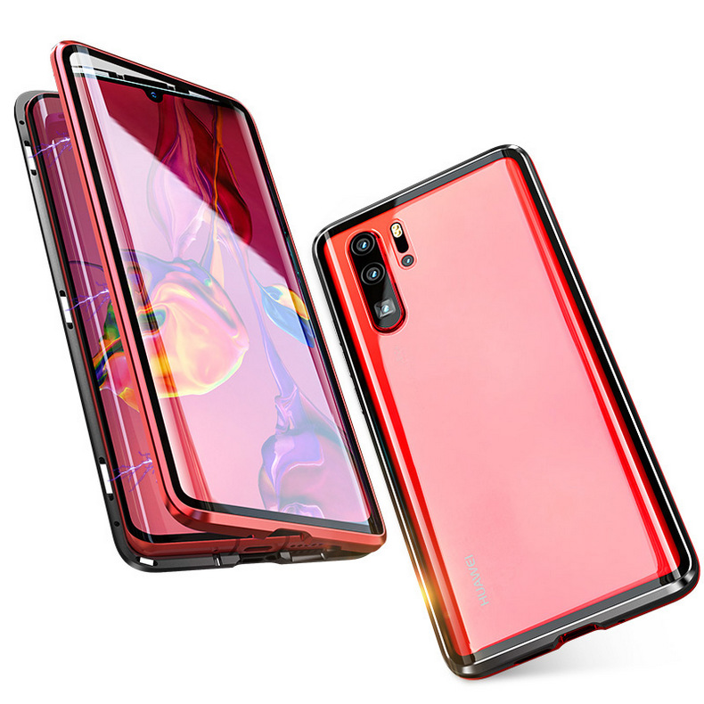 For Huawei P30 Pro/P30 Lite/P30 Front Back Glass Cover Luxury Aluminum Metal Magnet Adsorption Phone Case red_Huawei P30 pro