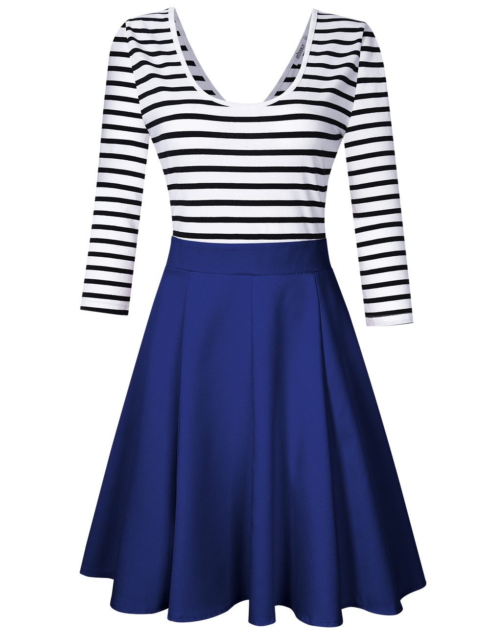[US Direct] MISSKY Women's 3/4 Sleeve Slim Fit Black White Stripe Casual Cocktail Cute Mini Swing Dress Deep blue_L