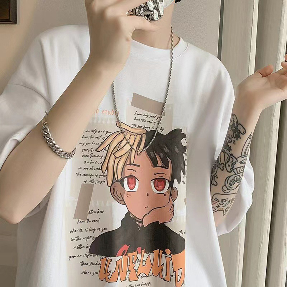 Your Perfect Match Men Summer Short Sleeves T-shirt Trendy Round Neck Pullover Tops Retro Cartoon Printing Loose Casual Shirt White 2XL