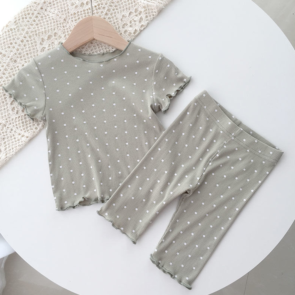 2pcs Girls Pajamas Suit Polka Dot Print Round Neck Short Sleeve Top Pants Summer Thin Clothes Matcha green 110cm
