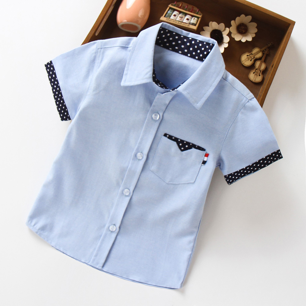 Summer Boys Short Sleeves Shirts Polka Dot Printing Casual Lapel Button Down Cotton Tops Polka Dot Short Sleeve - Blue HEIGHT:170cm