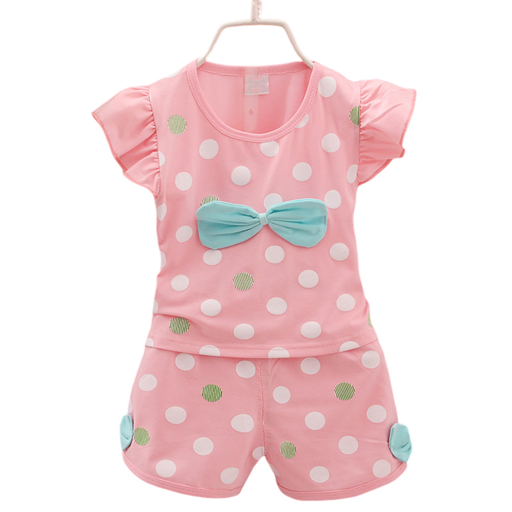 2pcs Toddler Girls Short Sleeve Printed Bowknot Shirt Top Shorts Outfits Summer Cotton Clothes Baby Suit pink 3-4Y 110cm