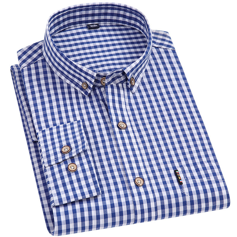Men Long Sleeves T-shirt Casual Button Down Breathable Cotton Shirt Plaid Printing Slim Fit Tops With Pocket dark blue 43 3XL