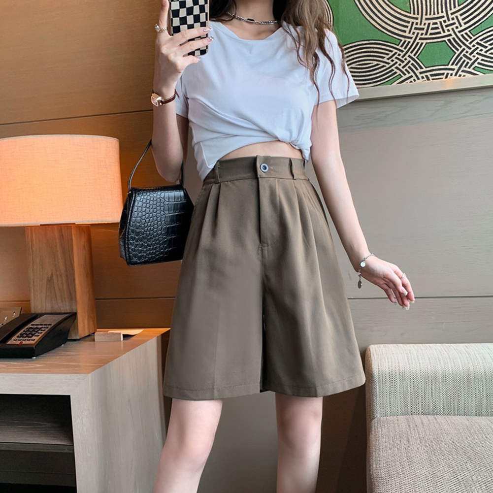 Summer Casual Shorts With Pockets For Women Fashion High Waist Loose Wide-leg Pants brown XL