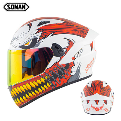Motorcycle Helmet Anti-Fog Lens sith Fast Release Buckle and Ventilation System Wearable Ergonomic Helmet White red iron teeth copper teeth_L