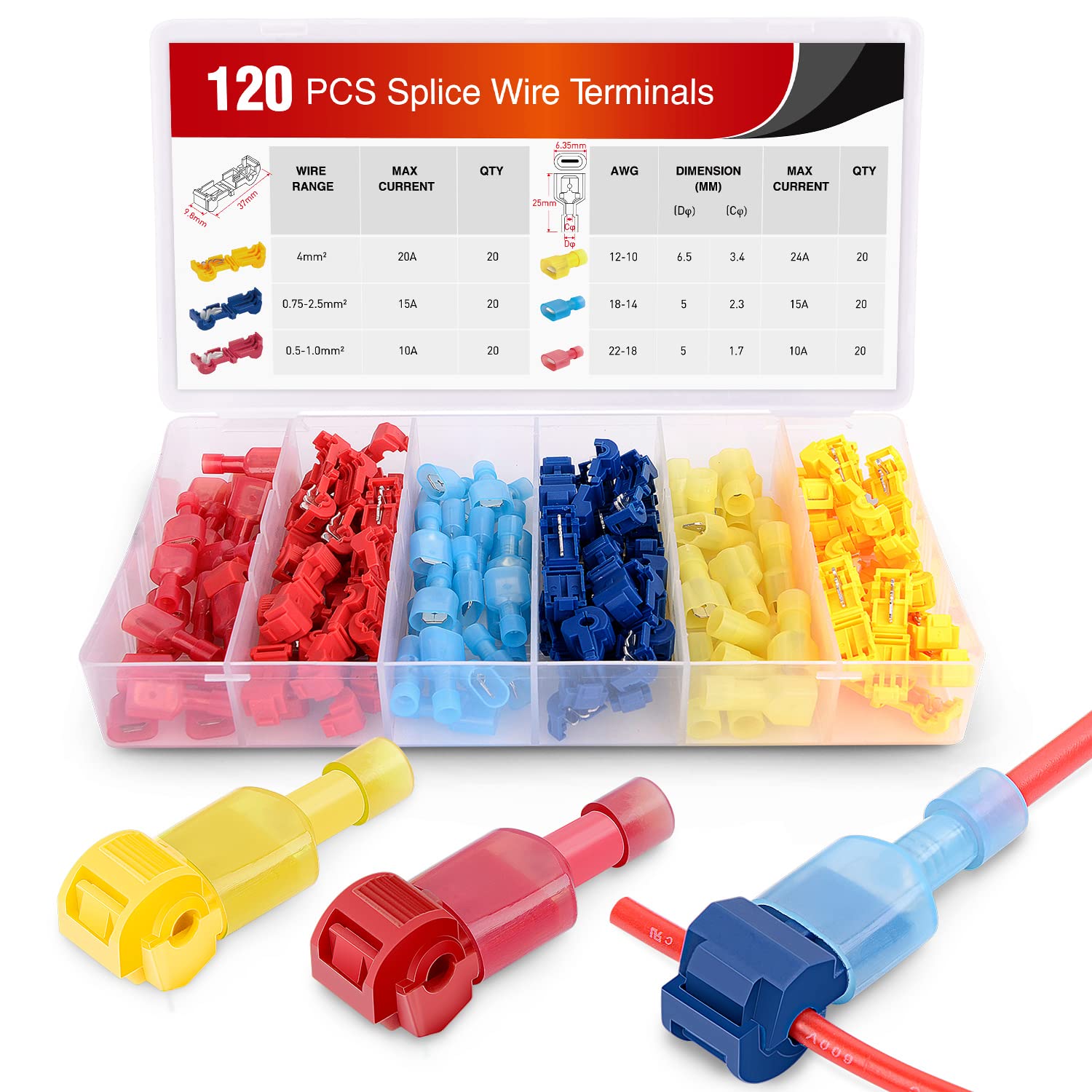 US TOWALLMARK 120 Pcs/60 Pairs Quick Splice Wire Terminals T-Tap Self-stripping with Nylon Fully Insulated Male Quick Disconnects Kit