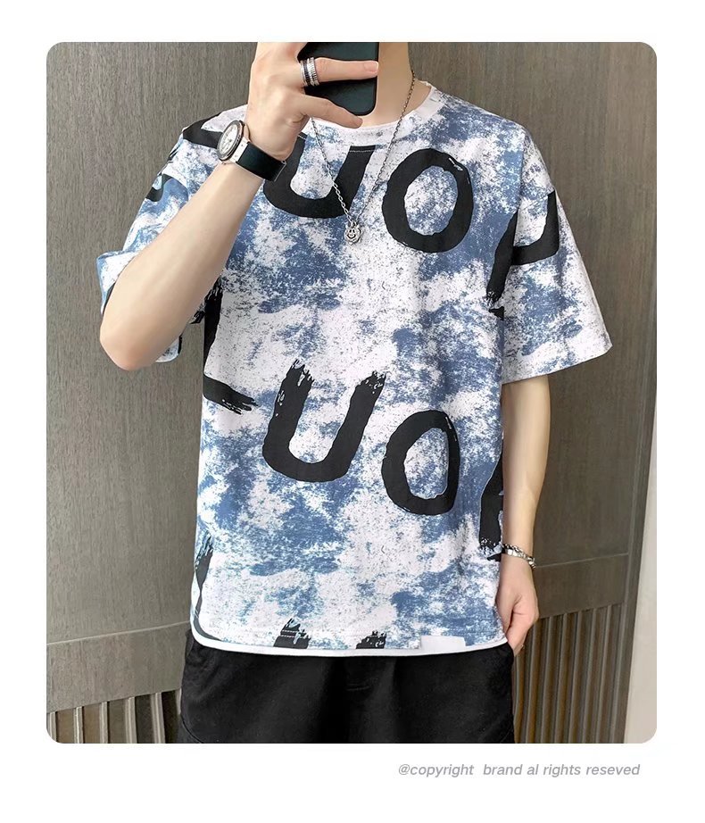 Men Loose Half Sleeves Shirt Summer Ice Silk Bottoming T-shirt Loose Round Neck Pullover Tops blue L