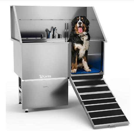 US GARVEE Professional Dog Grooming Bathing Station, Stainless Steel Dog Bathtub with Foldable Ramp, Storage Drawer, Floor Grate & Faucet/Dog Bathtub for Large, Medium & Small Pets - Right Door (50