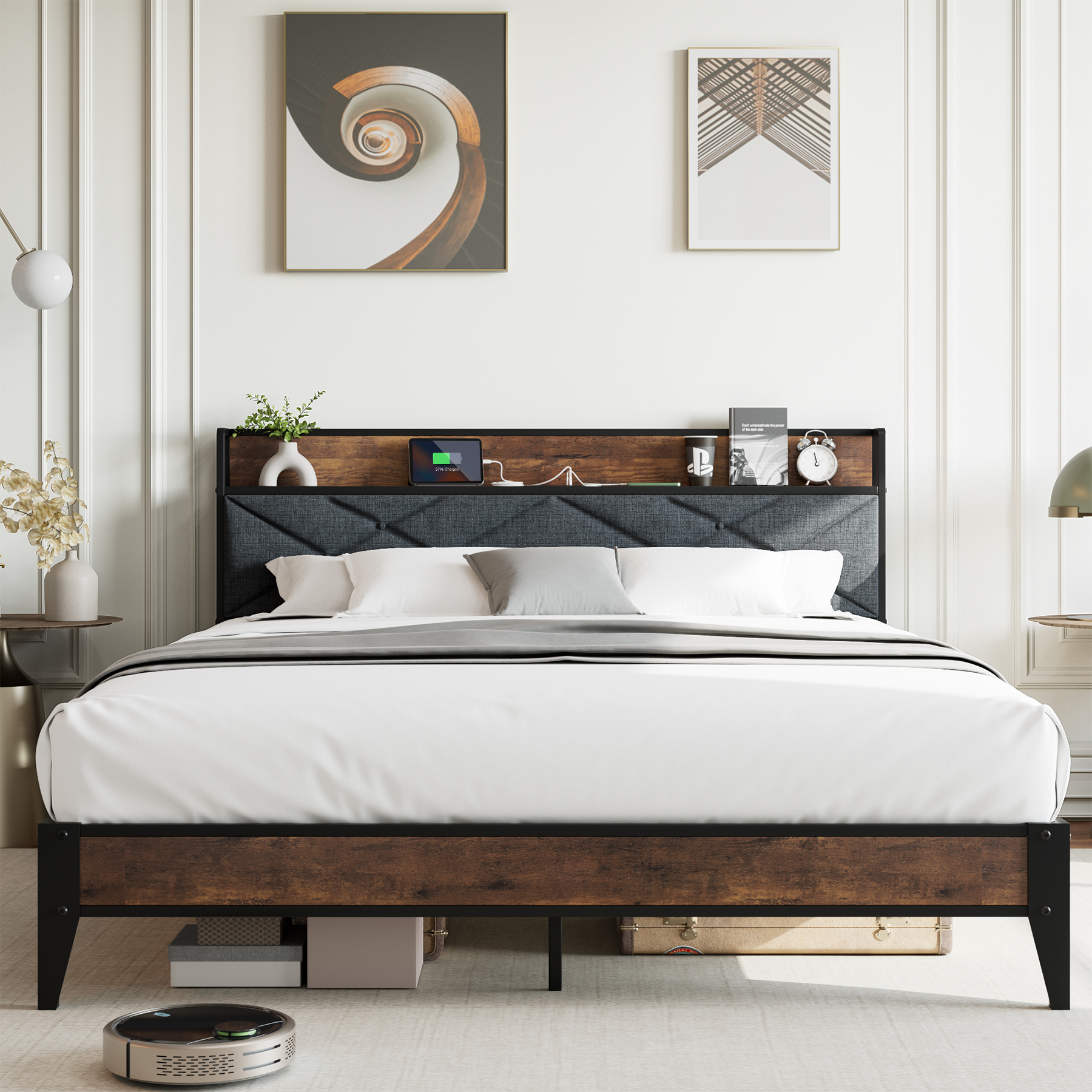 US GARVEE Queen Size Bed Frame, Storage Headboard with Charging Station, Sturdy and Stable, Noise Free Design, No Box Spring Needed, Easy Assembly (Vintage and Grey)