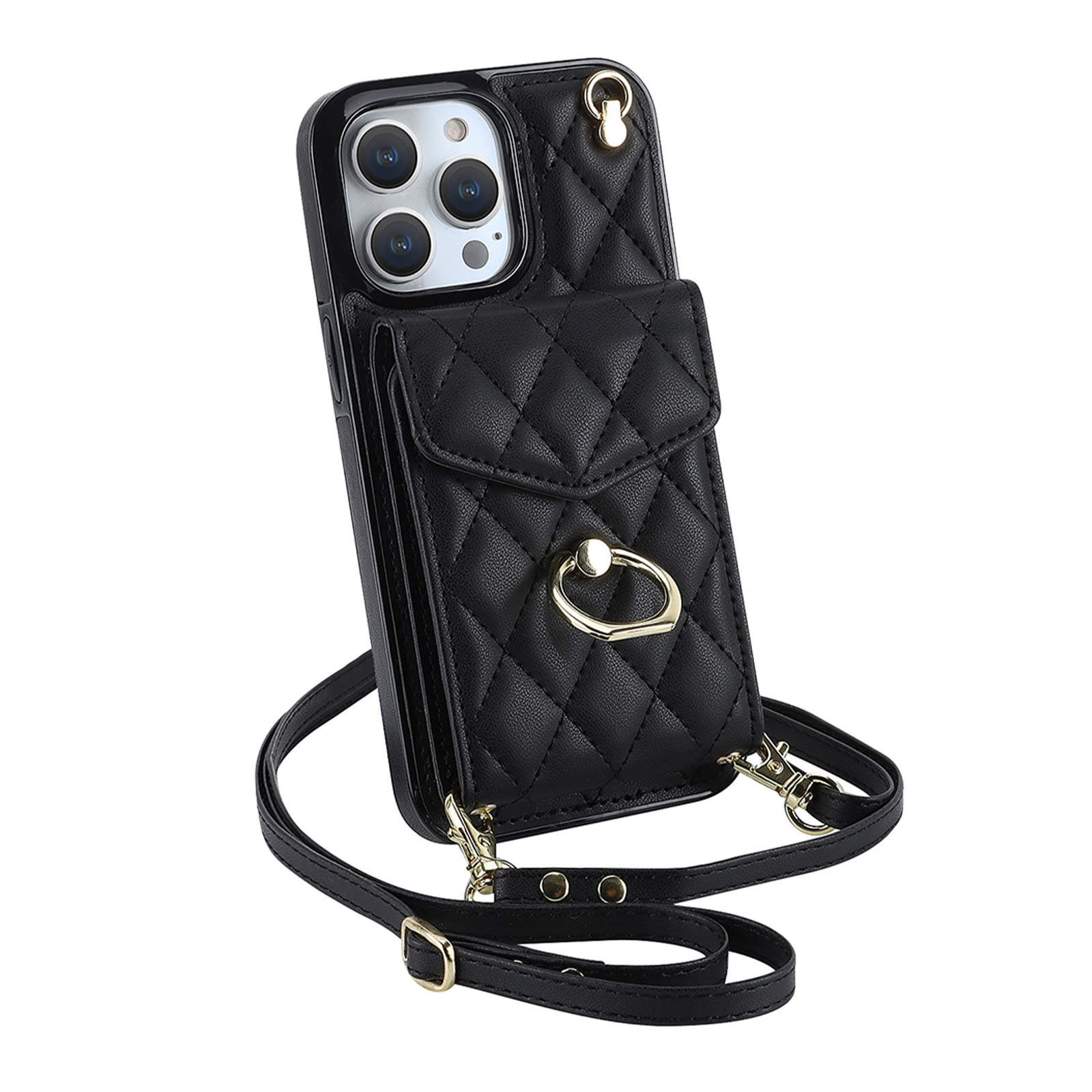 Phone Case With Adjustable Ring Holder Lanyard Wallet Bag Phone Case Protective Shockproof Leather Case