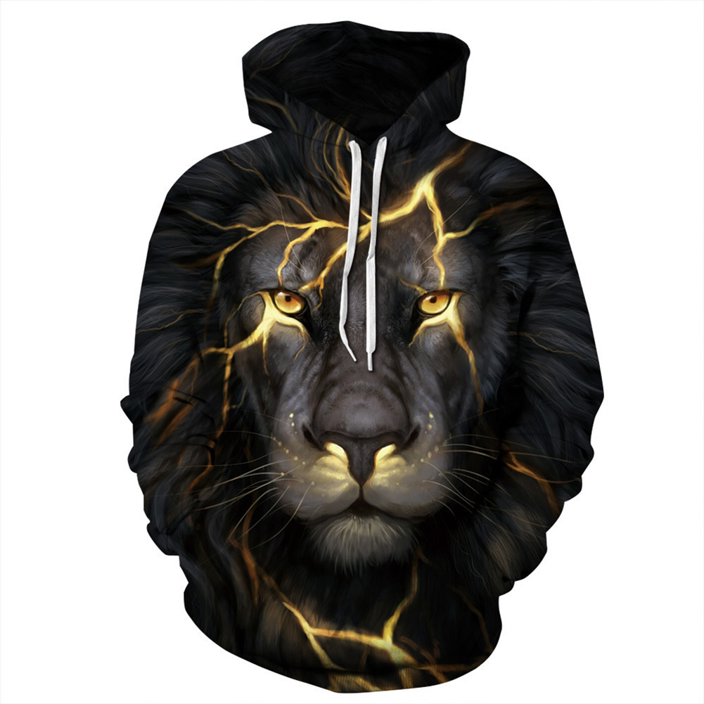 Unisex Casual Long Sleeve Hoodie 3D Lion Printed Hooded Sweatshirt Pullover Tops Black lion_XXL