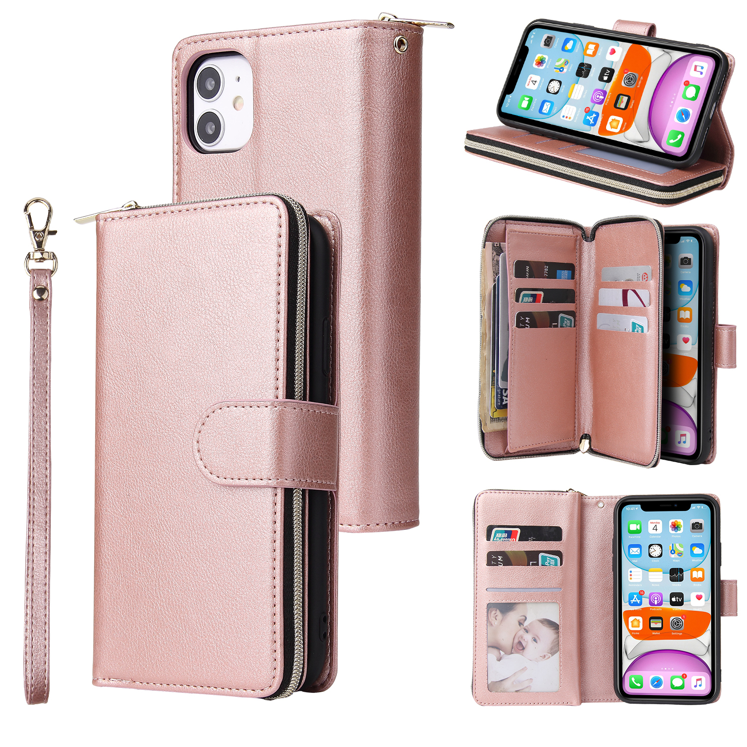 For iphone X/XS/XS MAX/11/11Pro Pu Leather Mobile Phone Cover Zipper Card Bag + Wrist Strap Rose gold