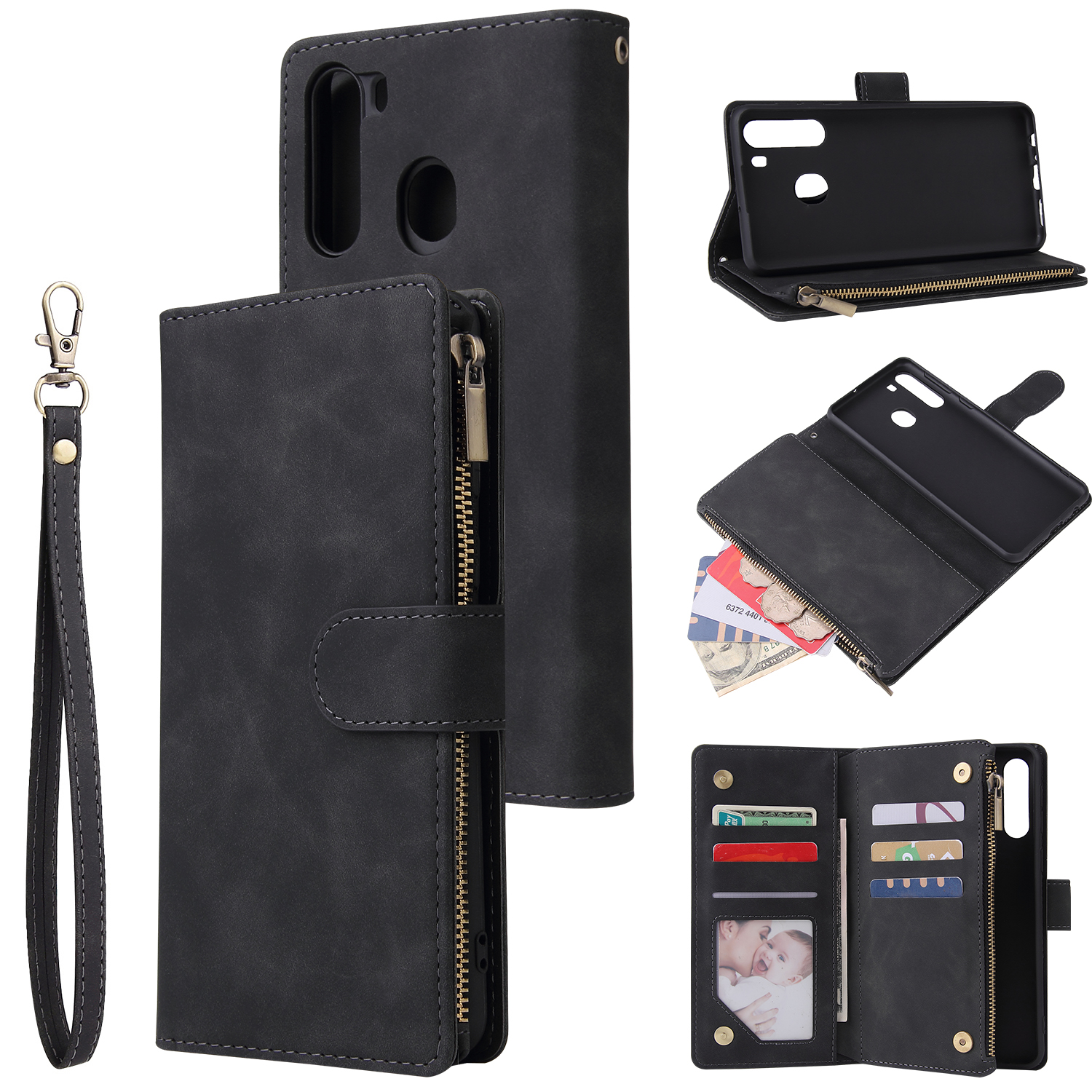 For Samsung A21 Mobile Phone Case Smartphone Shell Wallet Design Zipper Closure Overall Protection Cover  1 black