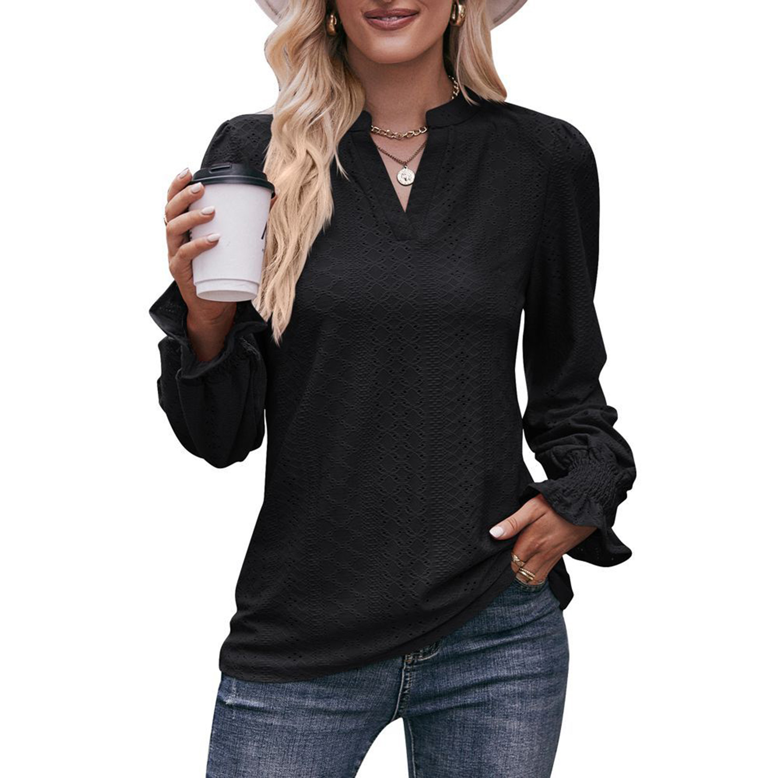 Women Long Sleeves Shirt V Neck Casual Solid Color Loose Blouse Elegant Hollow-out Pullover Tunic Tops