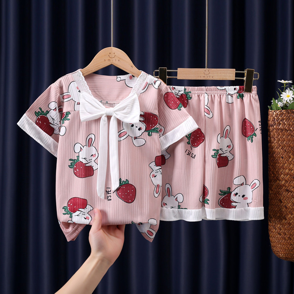 2pcs Kids Pajamas Set Round Neck Short-sleeved Top Shorts Princess Girls Summer Homewear D Yi Bowknot-Strawberry Rabbit 130-140cm 16