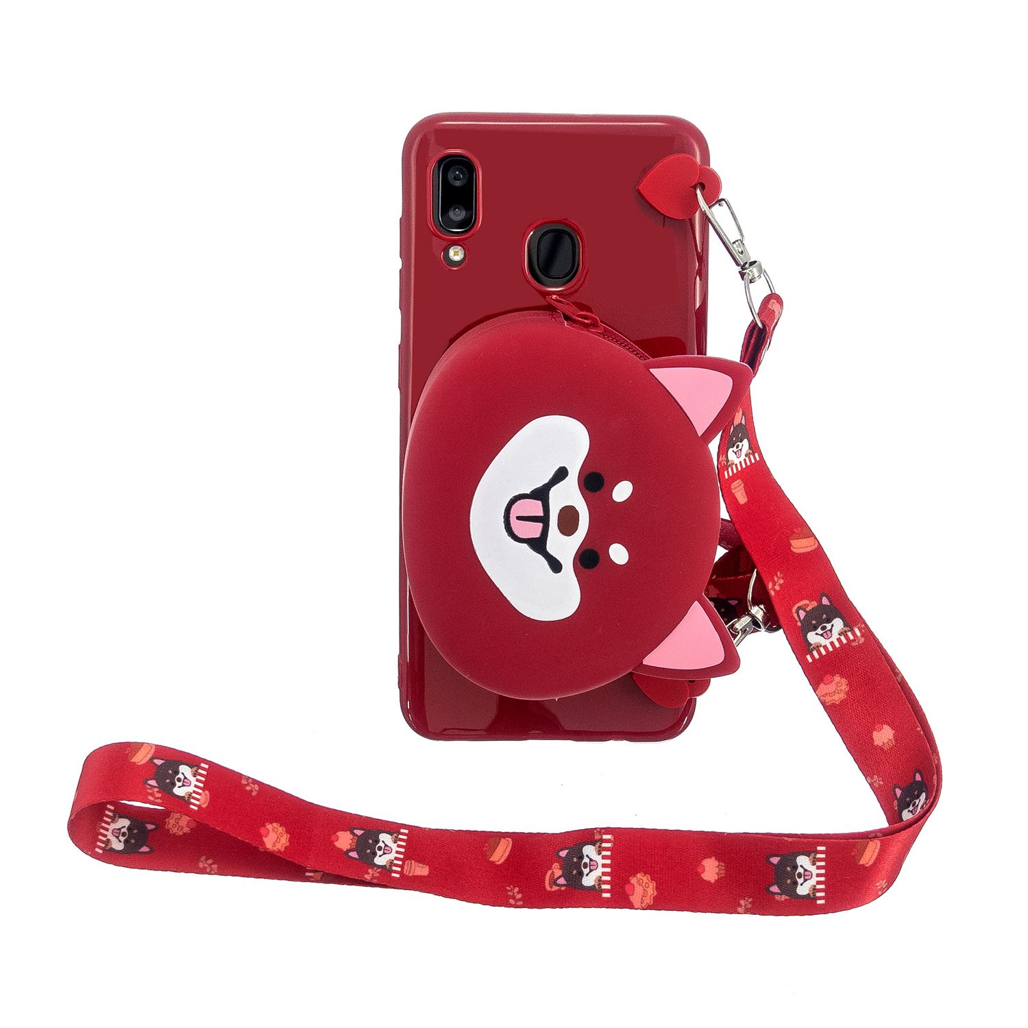 For Samsung A10/A20/A30 Case Mobile Phone Shell Shockproof TPU Cellphone Cover with Cartoon Cat Pig Panda Coin Purse Lovely Shoulder Starp  Red