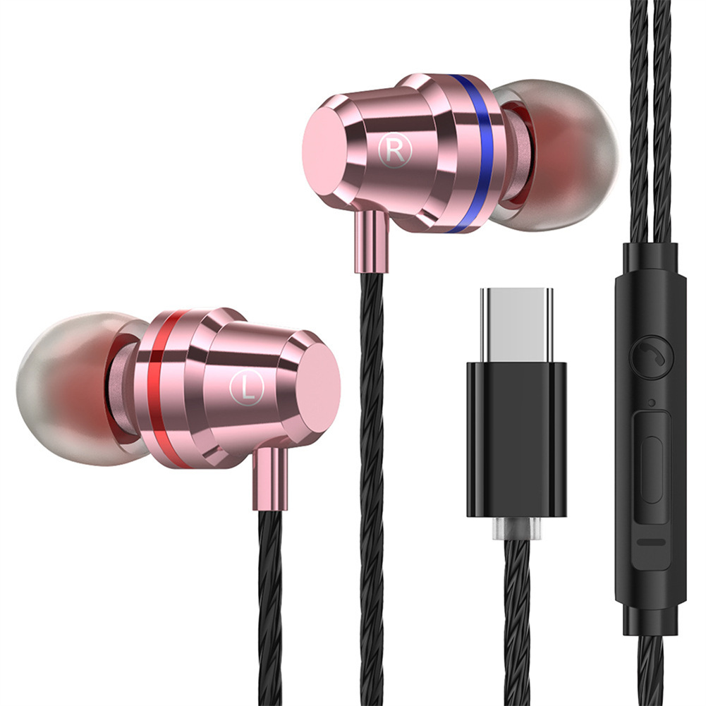 Universal Type-c Wired Earphone In-ear Noise Reduction Wire-controlled Tuning 3.5mm Phone Headset rose gold