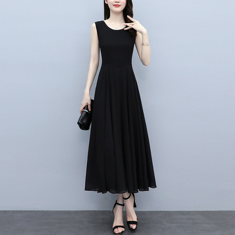 Women Sleeveless Tank Dress Summer Round Neck A-line Skirt Elegant Solid Color Pullover Long Dress black L