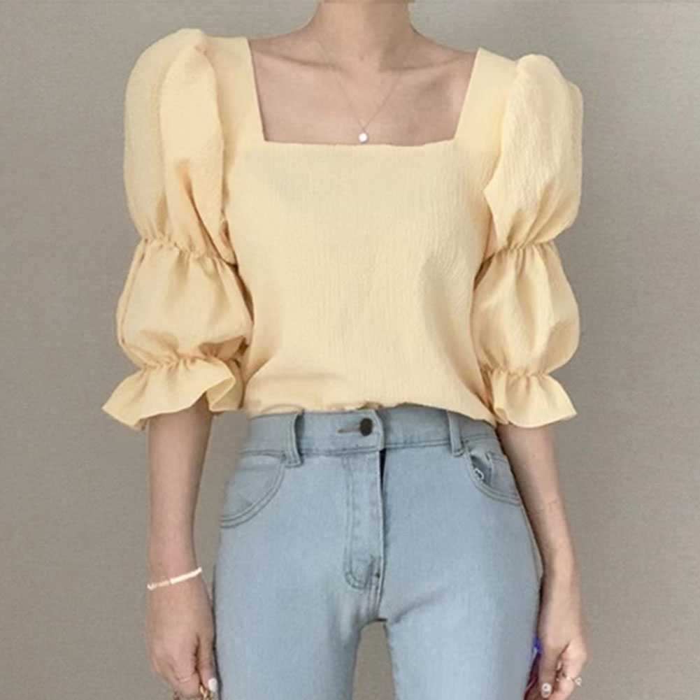 French Square Neck Shirt For Women Elegant Puff Sleeves Casual Blouse Trendy Half Sleeves Pullover Tops yellow XXL