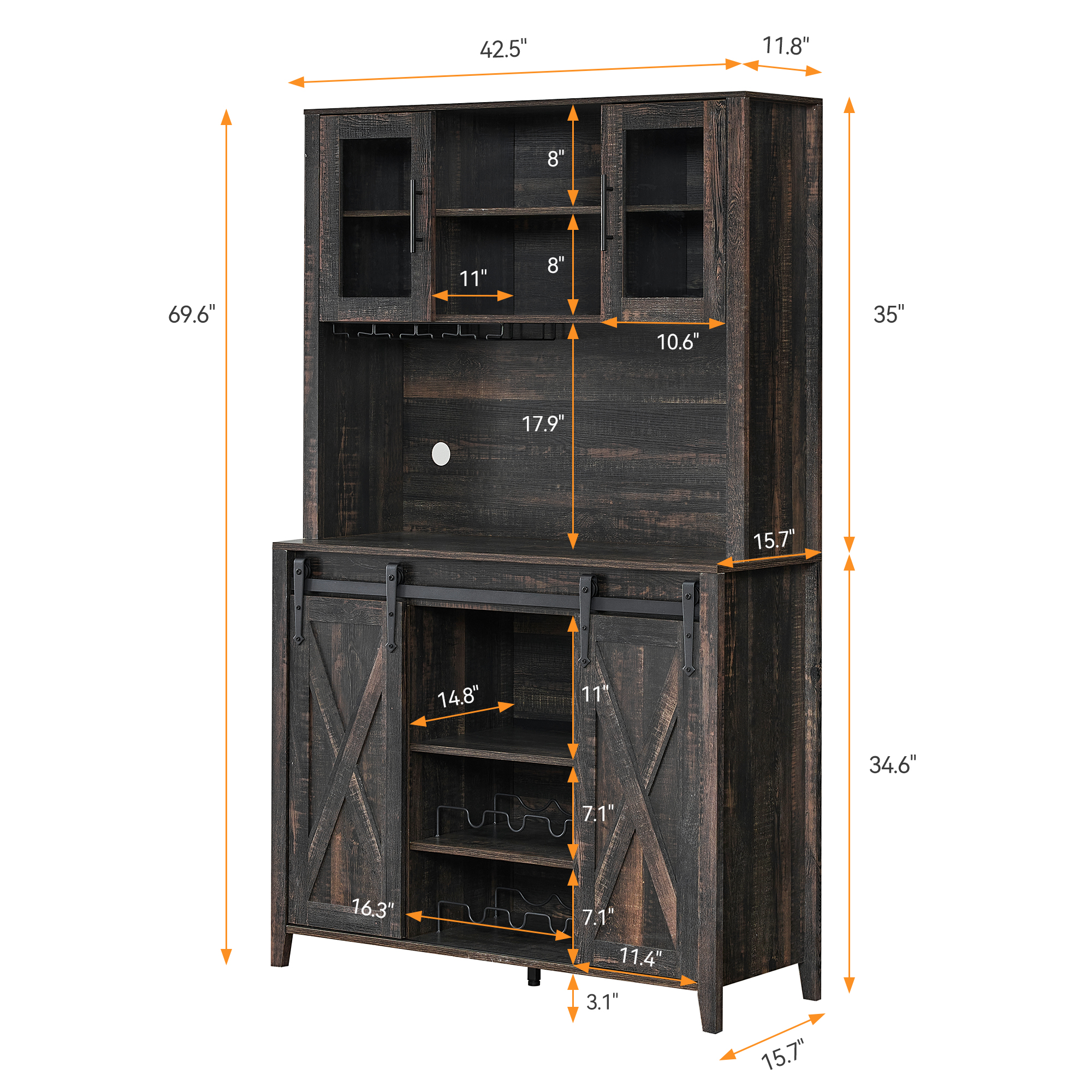 US GARVEE Farmhouse Wine Cabinet with Sliding Barn Door, 69-Inch Country Wine Cabinet with Wine Rack and Wine Glass Rack, Buffet, Storage Rack, Kitchen Sideboard, Dining Room - Dark Oak