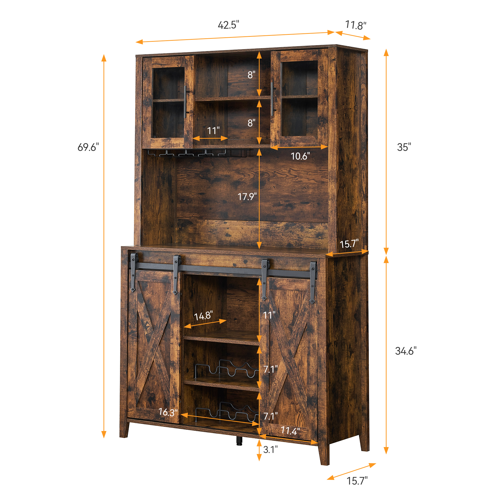 US GARVEE Farmhouse Wine Cabinet with Sliding Barn Door, 69-Inch Country Wine Cabinet with Wine Rack and Wine Glass Rack, Buffet, Storage Rack, Kitchen Sideboard, Dining Room - Retro Brown