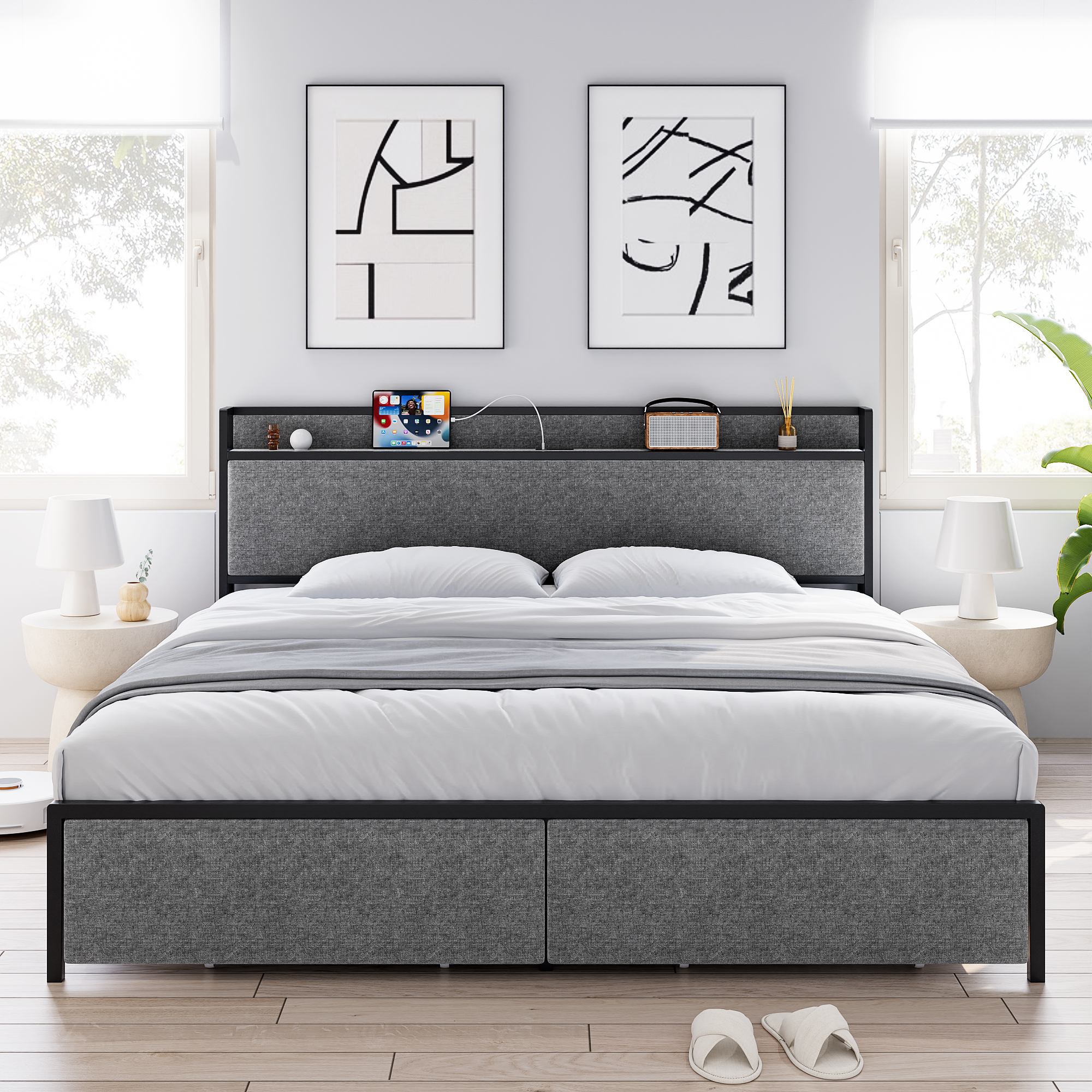 US GARVEE King Size Bed Frame, Storage Headboard with Charging Station, Platform Bed Frame with 2 Drawers, No Box Spring Needed, Easy Assembly, Gray