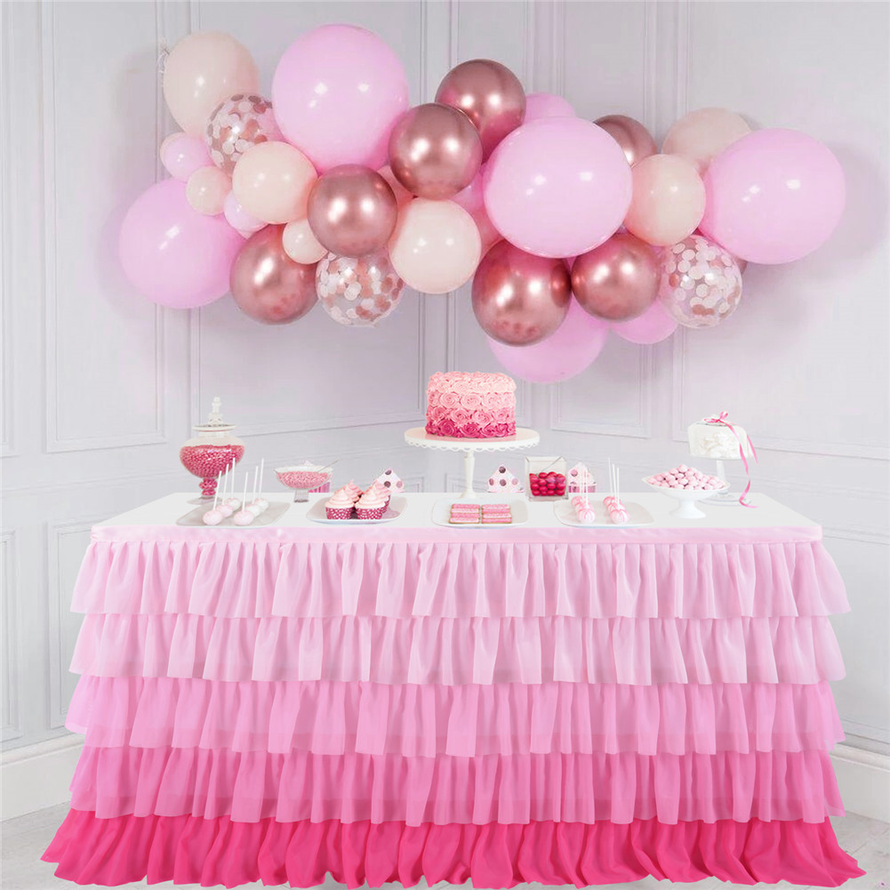 US RONSHIN 5 Layers 6FT Gradient Pink Chiffon Wave Table Skirt for Wedding Party Supplies