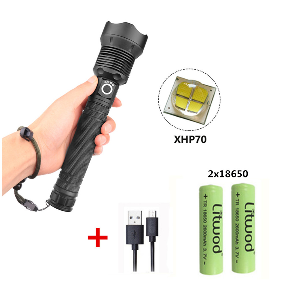 XHP70 Zoomable Focus LED Flashlight High Brightness Battery Display Torch with 2 Batteries black_2x18650 battery