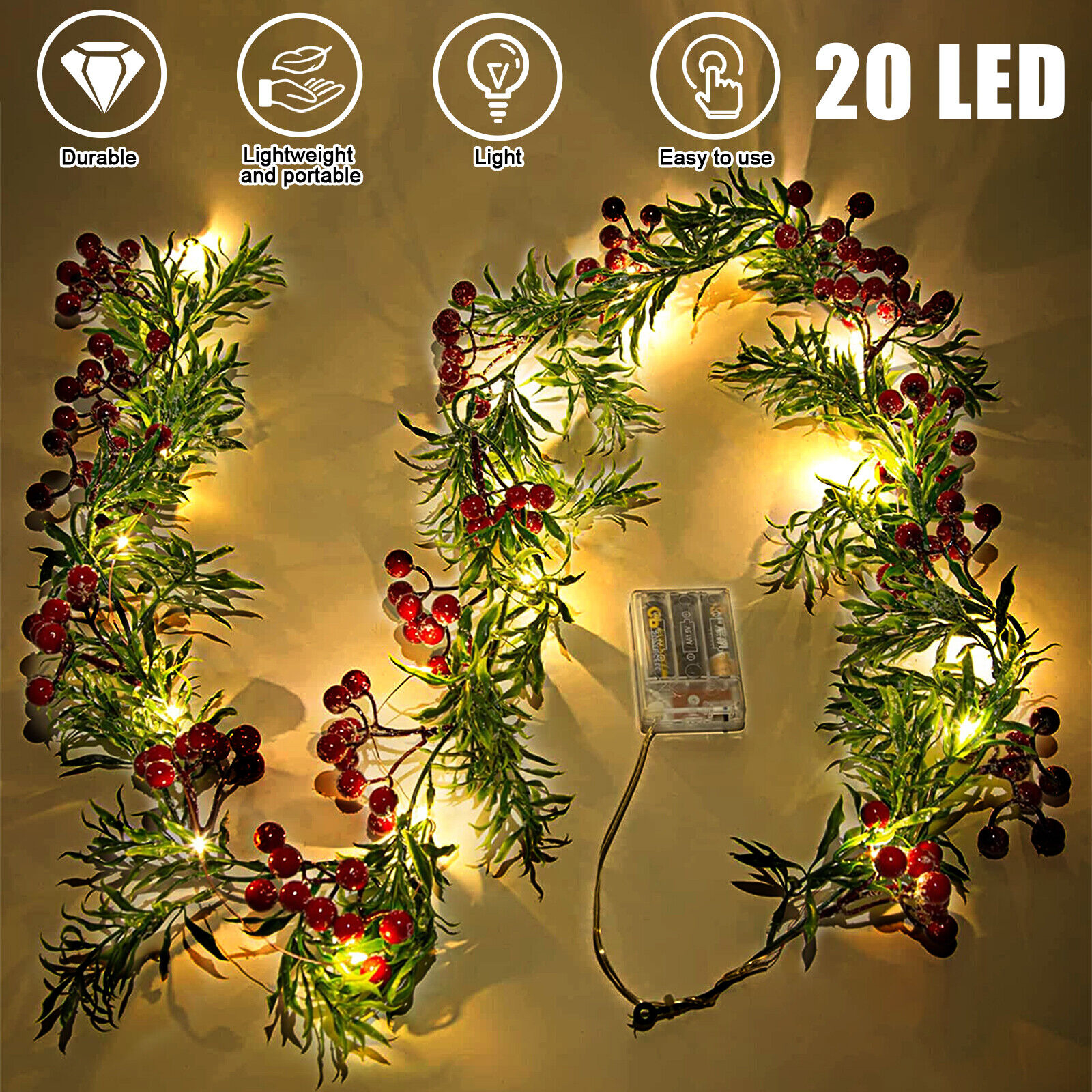 2M LED Red Berry String Lights Christmas Garland Battery Powered Wedding Party Curtain String With 20 Bulbs Fairy Lamps