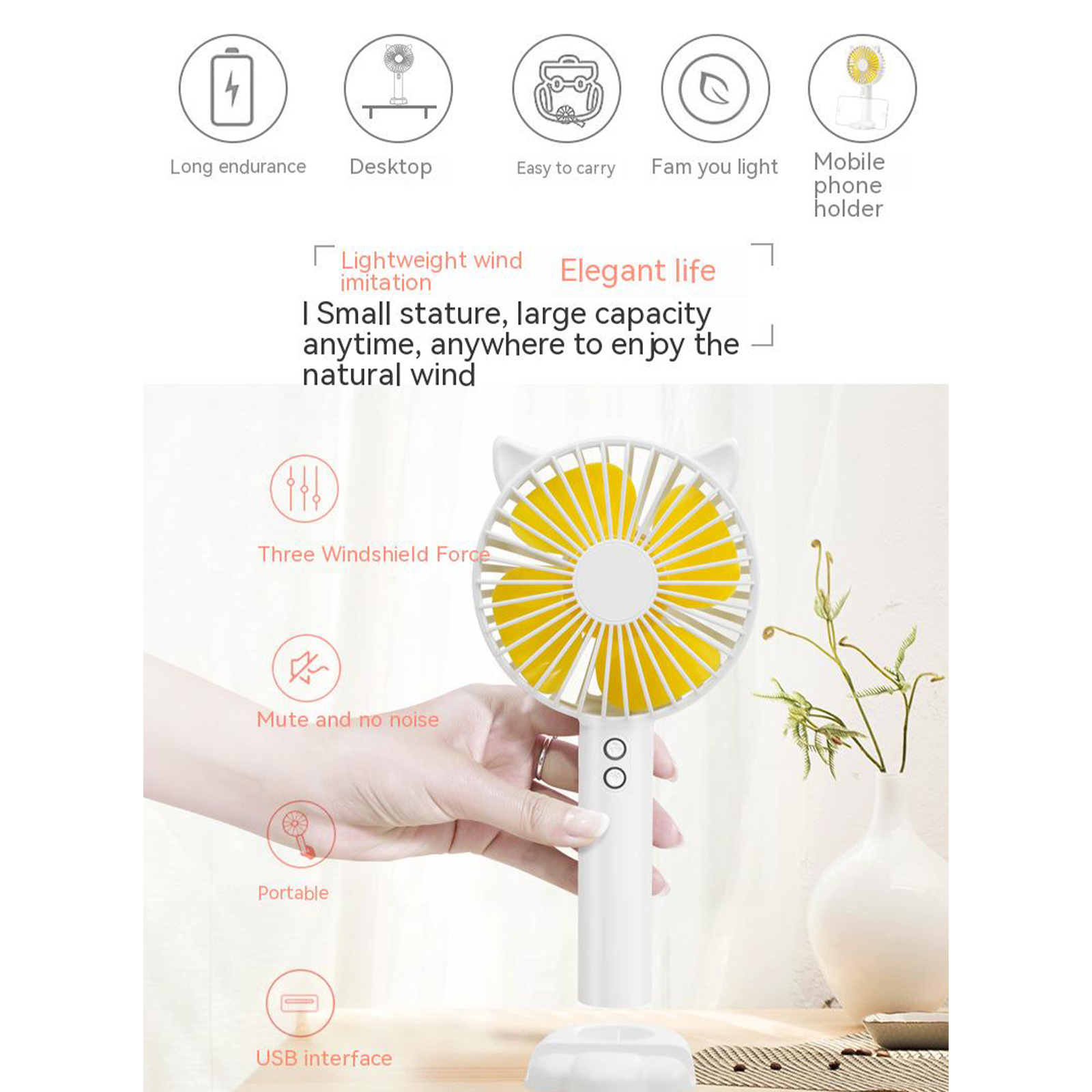 Cartoon Portable Mini Fan With Led Light Strong Wind Handheld Electric Fan With Mobile Phone Holder White