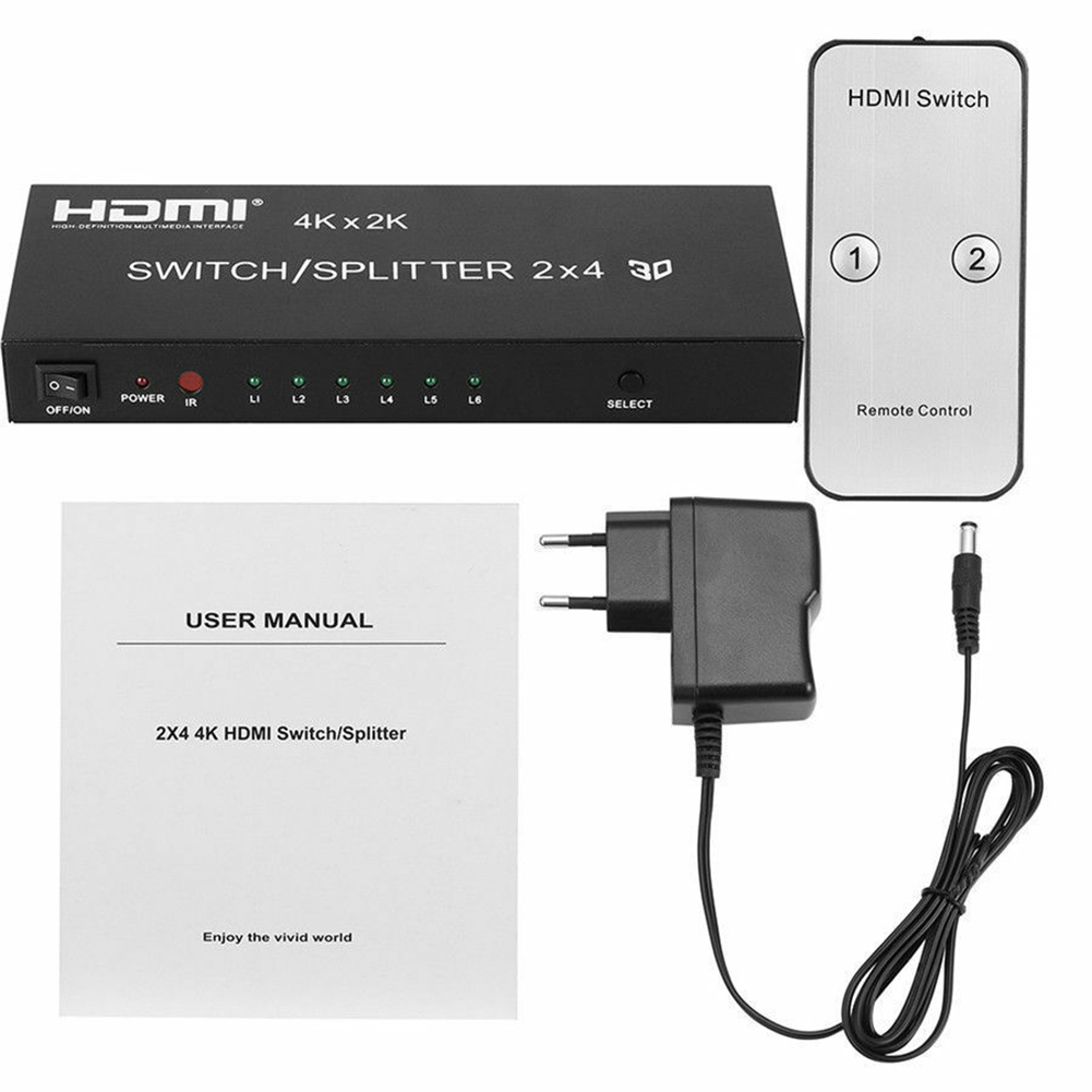 2x4 2 to 4 Full HD 4K 3D HDMI Splitter Amplifier Spdif Audio + Infrared Remote Control EU Plug