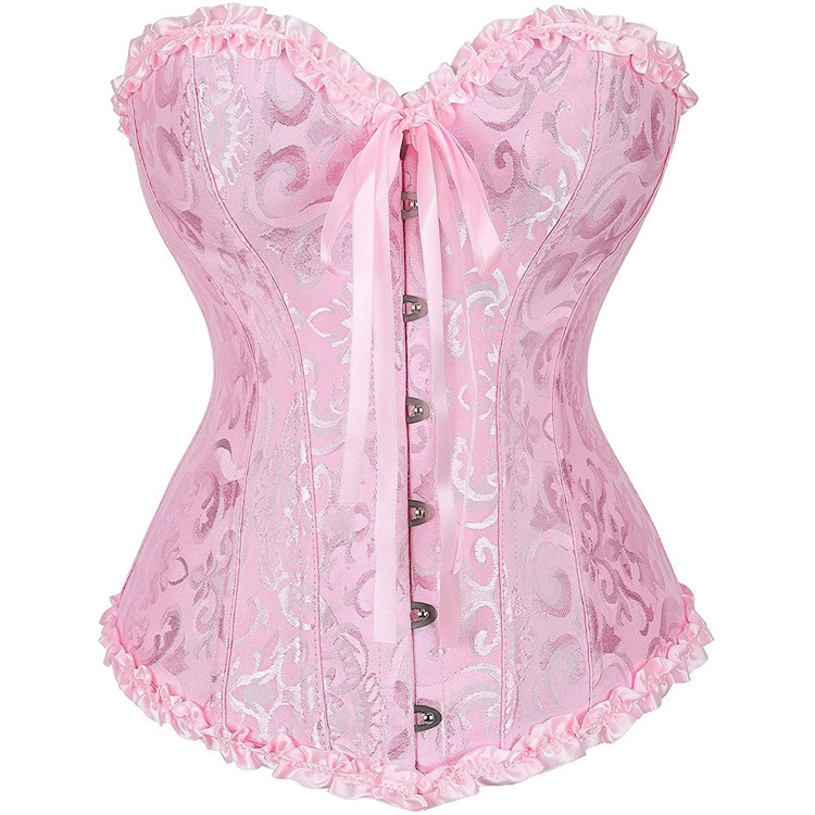 Women Corset Bustier Lingerie Bodyshaper Top Sexy Vintage Lace-up Boned Overbust Strapless Corset Tops pink M