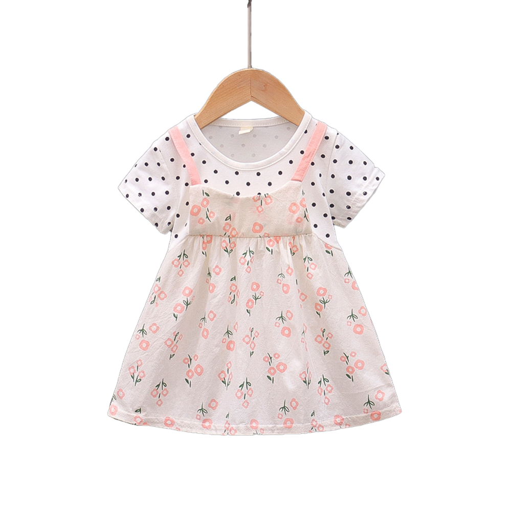 Baby Girls Short Sleeves Dress Summer Sweet Polka Dot Floral Printing Cotton Dress For 1-3 Years Old Kids pink 30-36M 110
