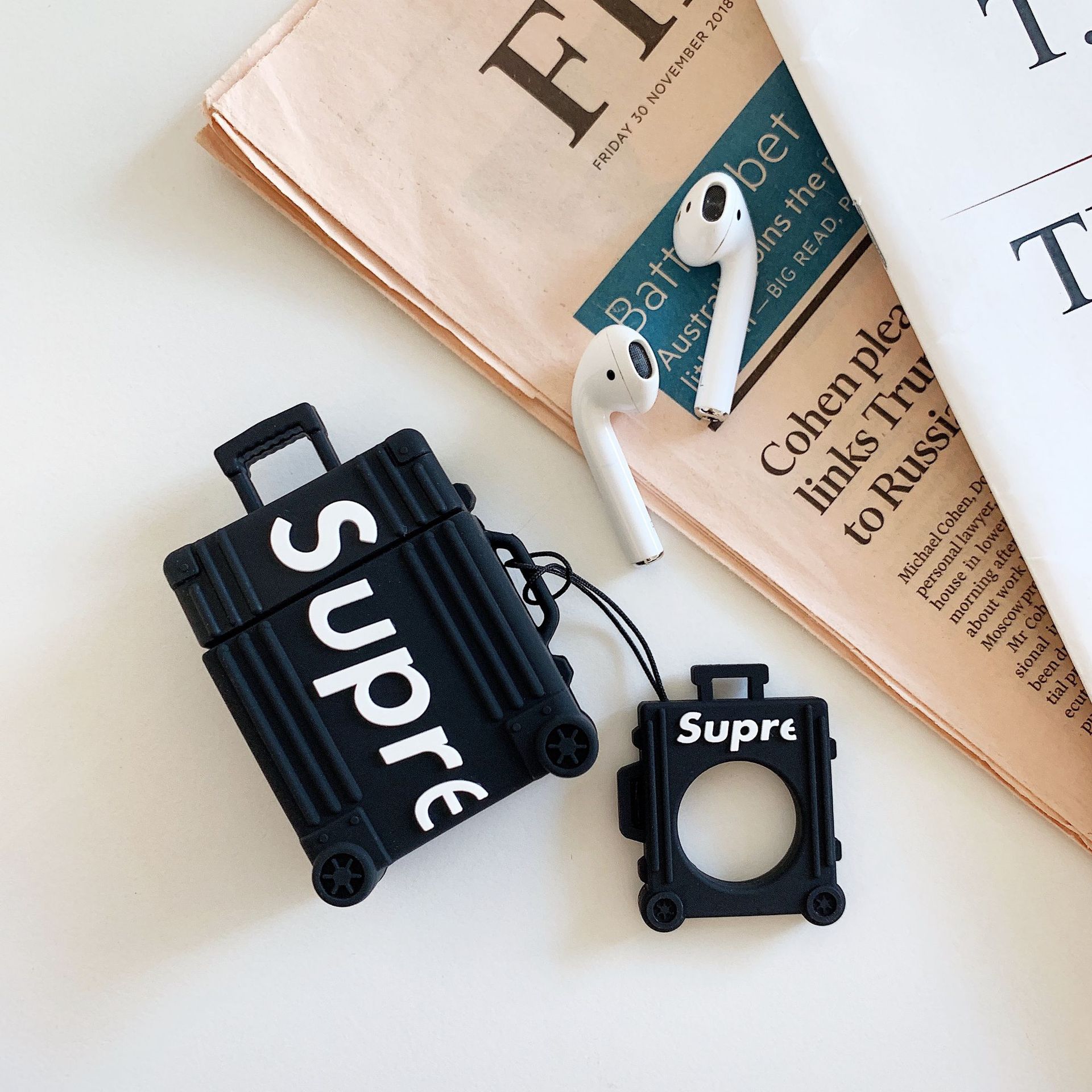Letter Suitcase Inspired Silicon for Airpods Case Cover with Ring Holder black