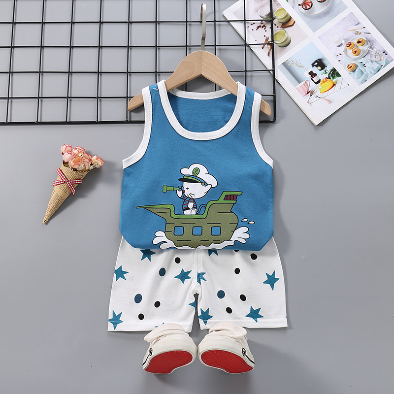 Summer Thin Pajamas For Children Cotton Cute Cartoon Printing Sleeveless Tank Tops Shorts Suit For Boys blue navy 2-3 years L