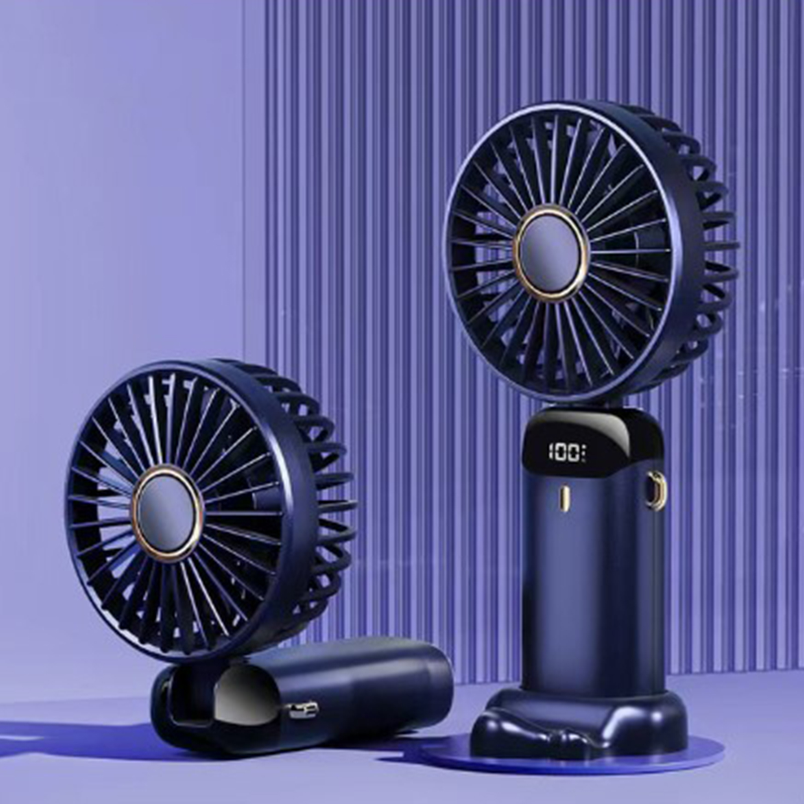 Portable Handheld Desk Fan Multifunctional Folding Double-headed 3000mah Electric Fan With Neck Strap Dark Blue