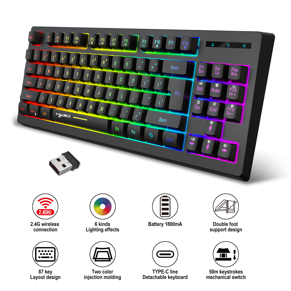 L100 Film 2.4g Wireless Keyboard RGB Multiple Backlight Modes 87 Keys Protable Gaming Office Keyboard black