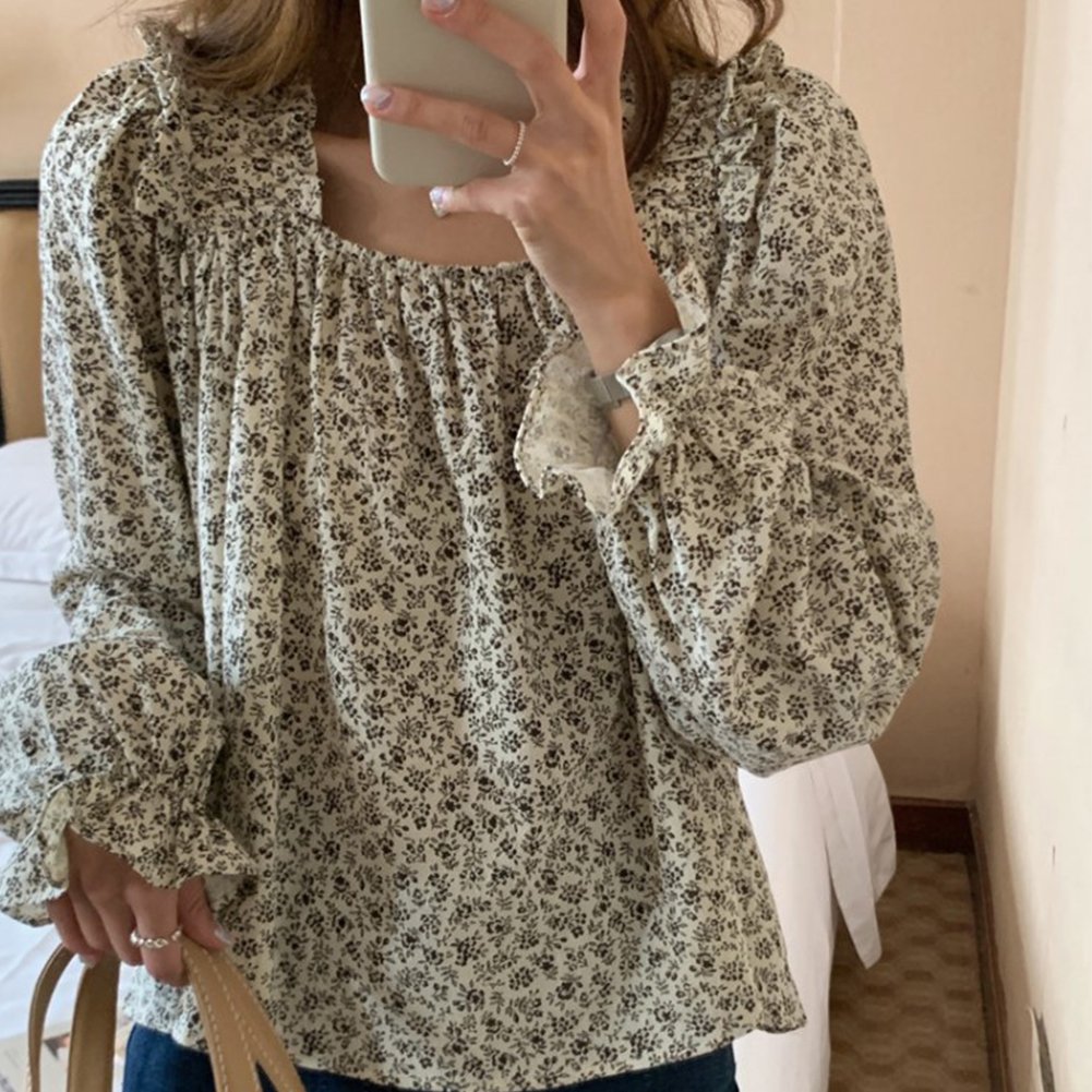 Women Sweet Floral Printing T-shirt Trendy Square Neck Long Sleeves Pullover Blouse Loose Casual Tops As shown One size fits all