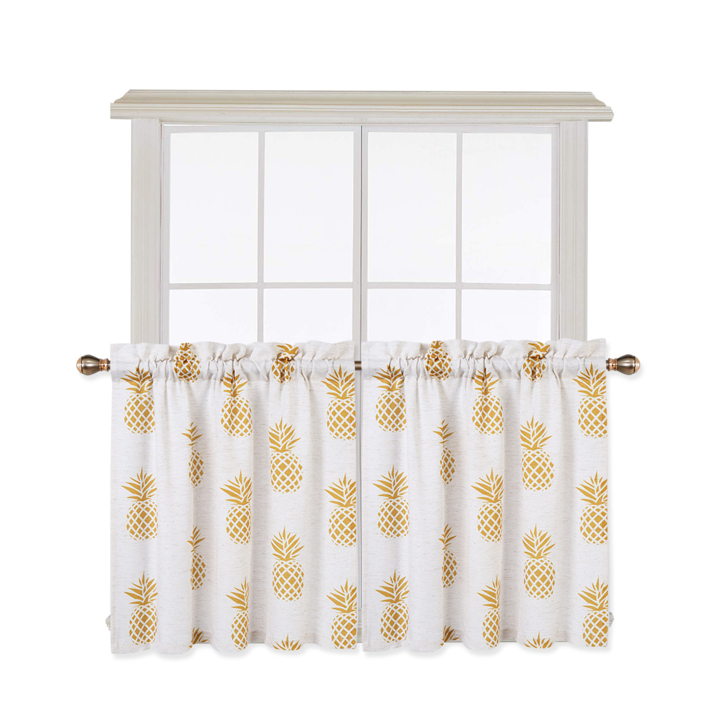 US 2pcs Small Window Curtains Tiers Pineapple Print Rod Pocket Curtain Set
